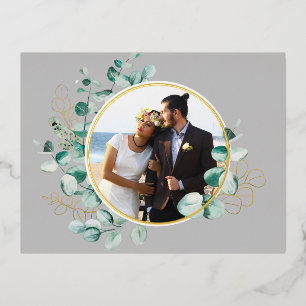 Wedding photo with simple greenery frame Card