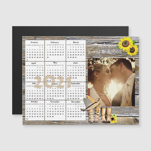 Wedding Photo Yellow Sunflowers Mini 2021 Calendar Magnetic Invitation (Front/Back)