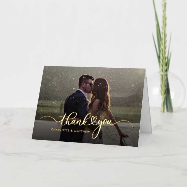 Wedding Photo  You Handwritten Thank You Gold Foil Greeting Card (Front)