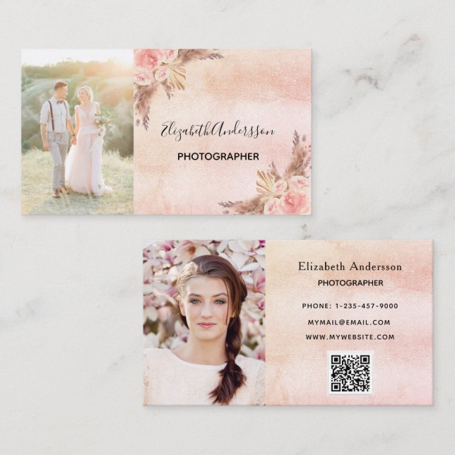 Wedding photographer pampas grass QR code Business Card (Front/Back)