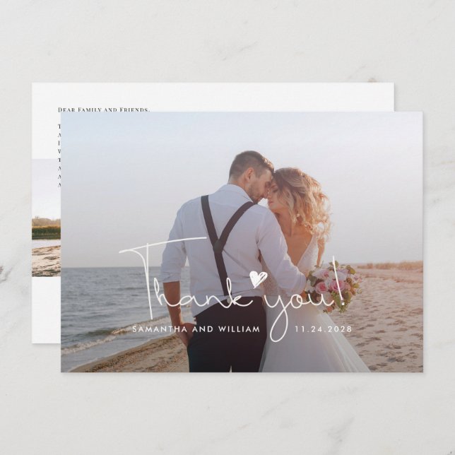 Wedding Photos Script Love Heart Thank You Card (Front/Back)