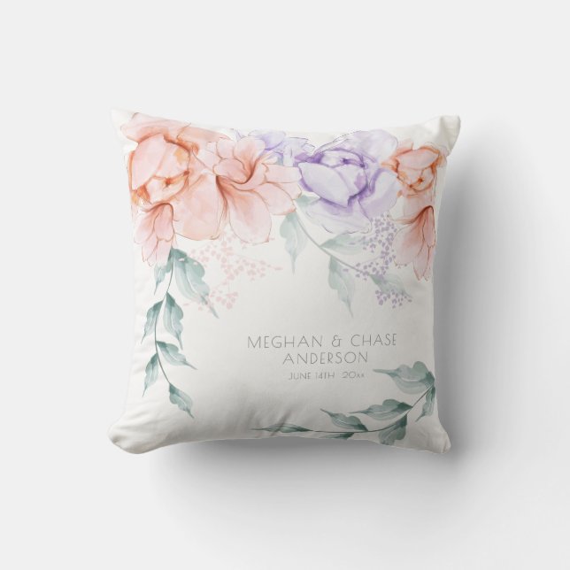 Wedding Pillow | Coral Lilac Aquarelle Peonies (Front)