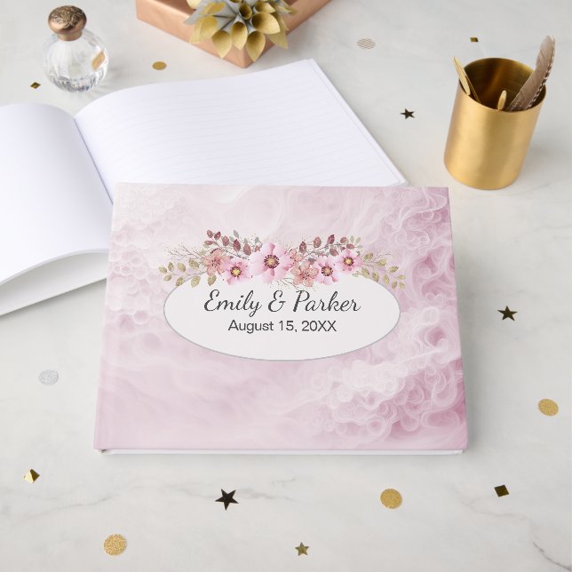 Wedding Pink Abstract With Bouquet Guest Book (Front Open)