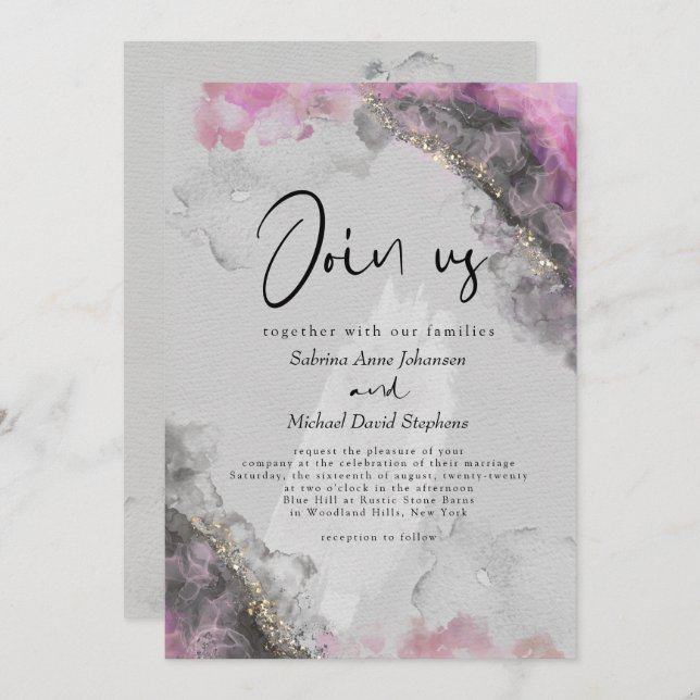 WEDDING | Pink and Onyx Abstract Alcohol Ink Invitation (Front/Back)