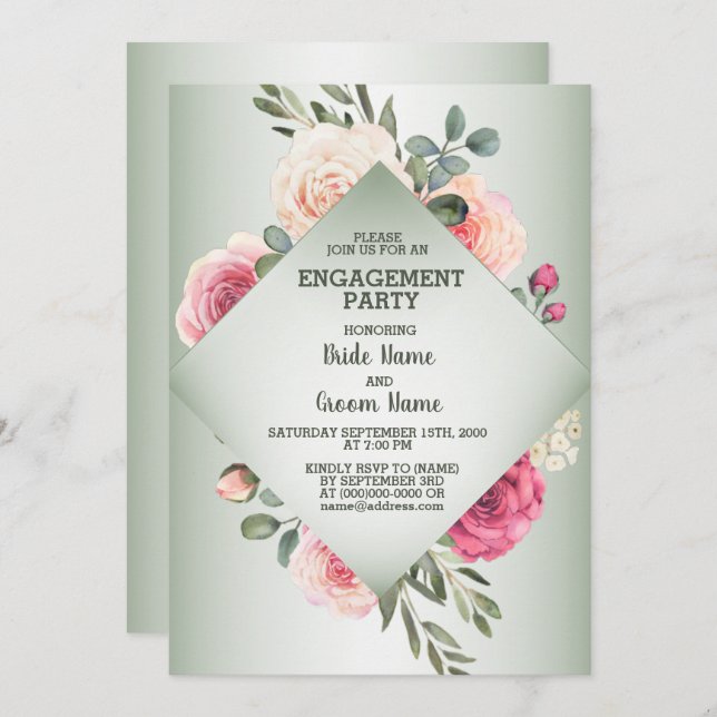 Wedding Pink Floral Rustic Green Engagement Party Invitation (Front/Back)