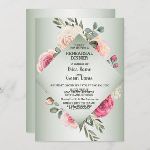 Wedding Pink Floral Rustic Green Rehearsal Dinner Invitation