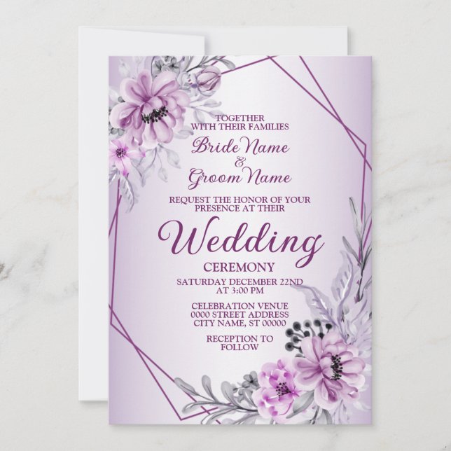 Wedding Pink Floral Violet Purple Frame            Invitation (Front)