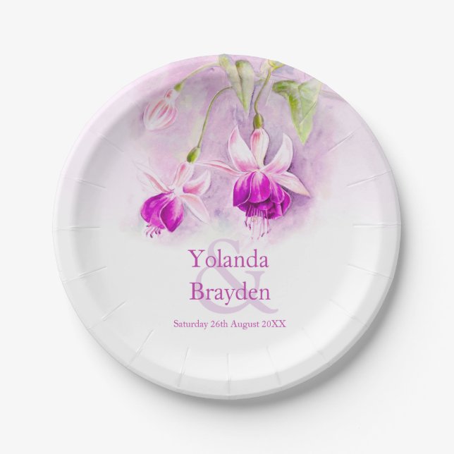 Wedding pink fuchsia watercolor art paper plate (Front)