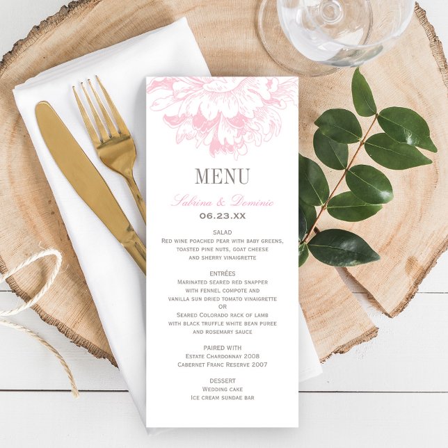 Wedding Pink Grey Floral Peony Wedding Dinner Menu (Creator Uploaded)