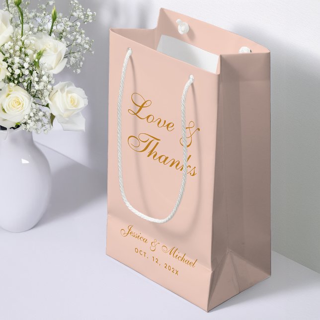Wedding Pink Love & Thanks Simple Gold Calligraphy Small Gift Bag (Creator Uploaded)