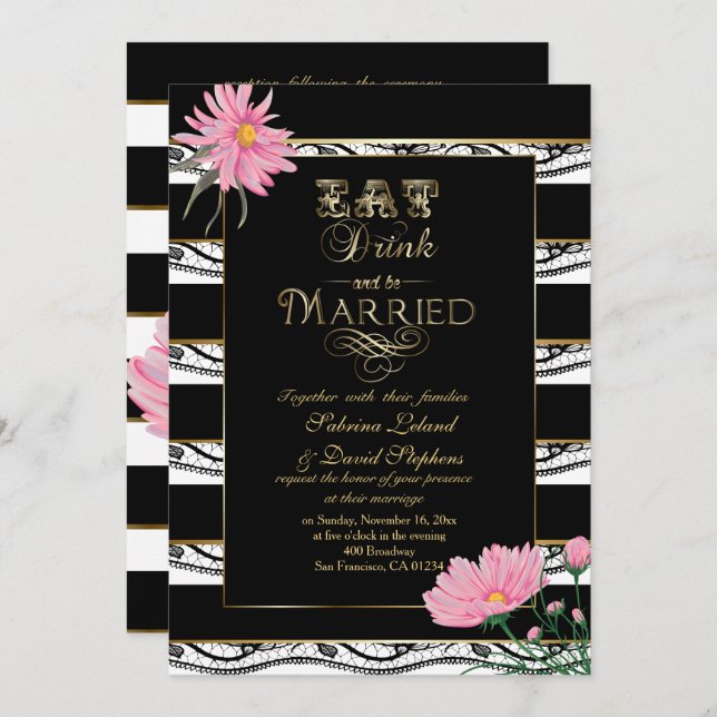 Wedding Pink Mums Black Lace White Stripes Invitation (Front/Back)