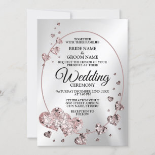 Wedding Pink Peach Shiny Hearts Geometric Elegant Invitation
