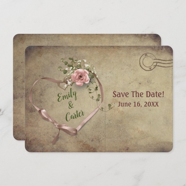 Wedding Pink Ribbon Heart Save the Date (Front/Back)