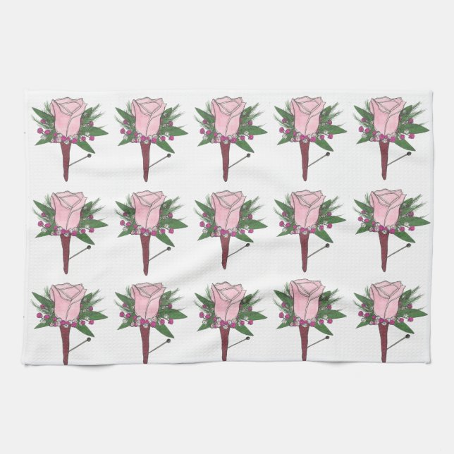 Wedding Pink Rose Boutonniere Bouquet Floral Groom Tea Towel (Horizontal)