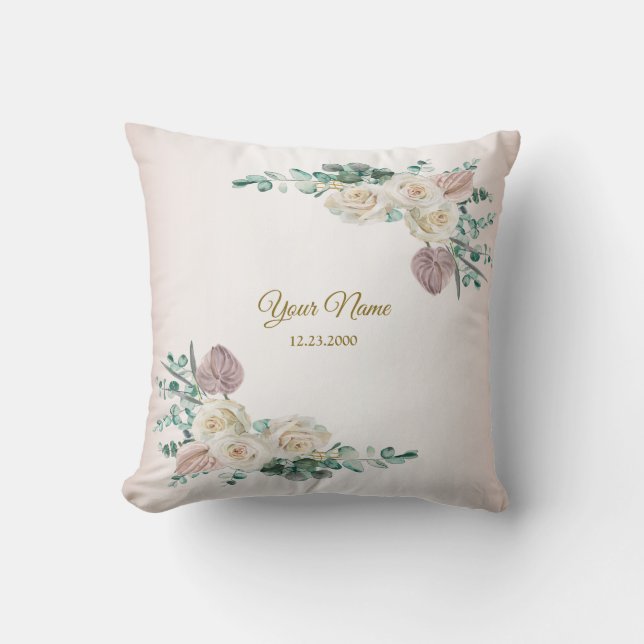 Wedding Pink Rose Watercolor Golden Dusty Party Cushion (Front)