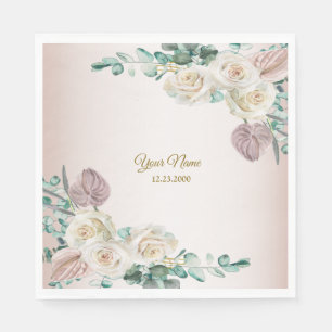 Wedding Pink Rose Watercolor Golden Dusty Party Napkin