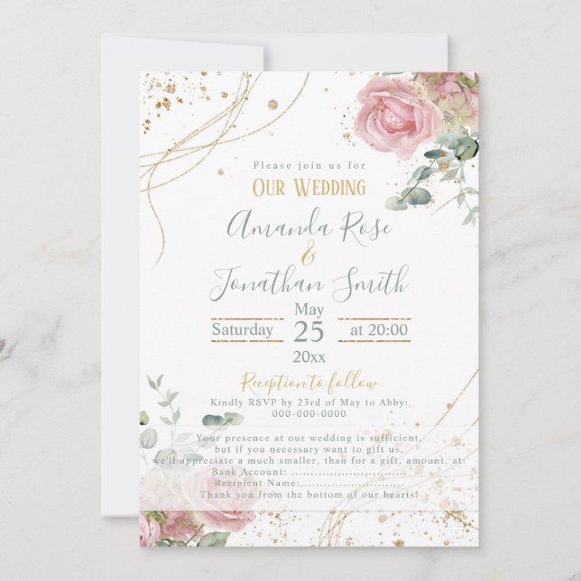 Wedding pink roses sade green and gold glitter invitation (Front)