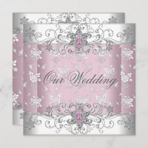 Wedding Pink Silver White Diamond Jewel Lace Invitation