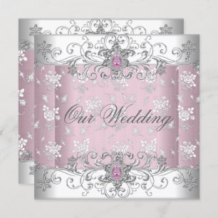 Wedding Pink Silver White Diamond Jewel Lace Invitation