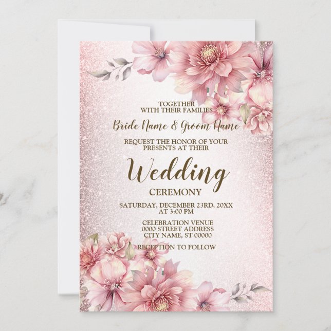 Wedding Pink Watercolor Flowers Shiny Glitter  Invitation (Front)