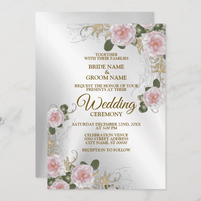 Wedding Pink White Floral Silver Rustic Elegant Invitation (Front/Back)