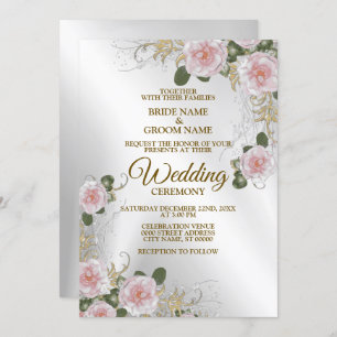Wedding Pink White Floral Silver Rustic Elegant Invitation