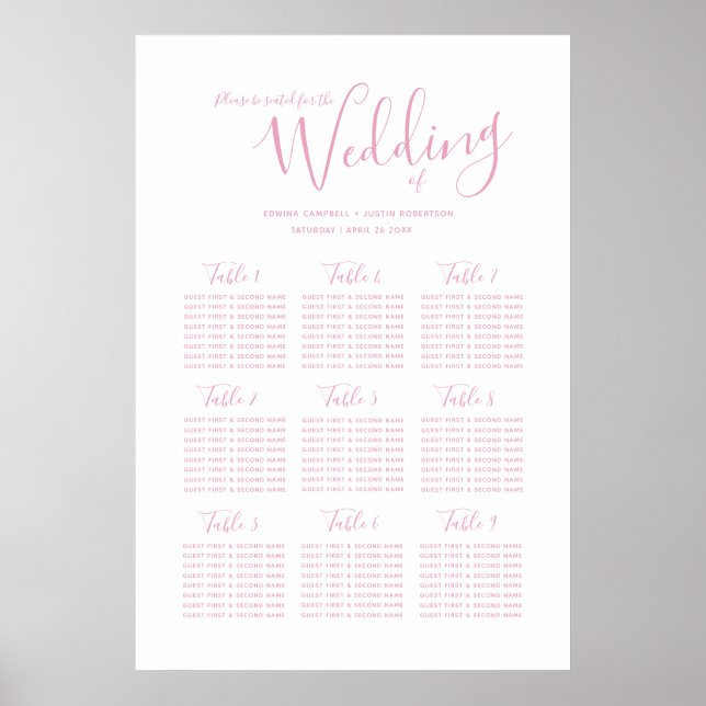 Wedding pink white simple script text table plan poster (Front)