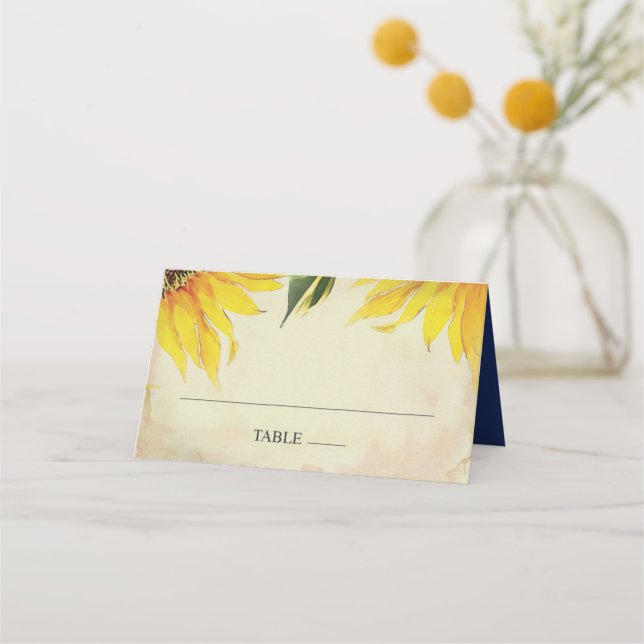 Wedding Place Card, Escort Card, Sunflower & Blue Place Card (Front)
