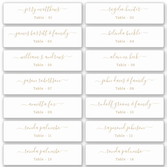 Wedding Place Card Guest Names Table Number Gold (Front)