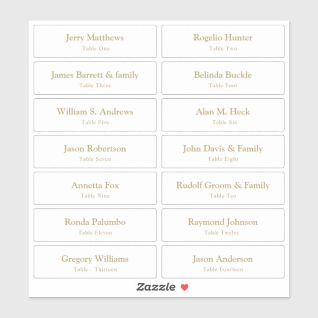 Wedding Place Card Guest Names Table Number Gold   (Sheet)