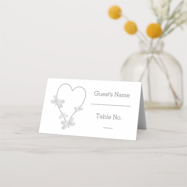 Wedding Place Card Silver Heart Butterflies (Front)