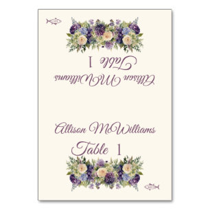 Wedding Place card-Watercolor Flowers-Fish Icon- Table Number