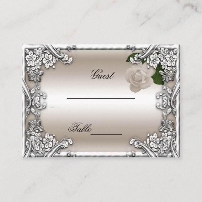 Wedding Place Cards Cream Rose Silver White (Front)