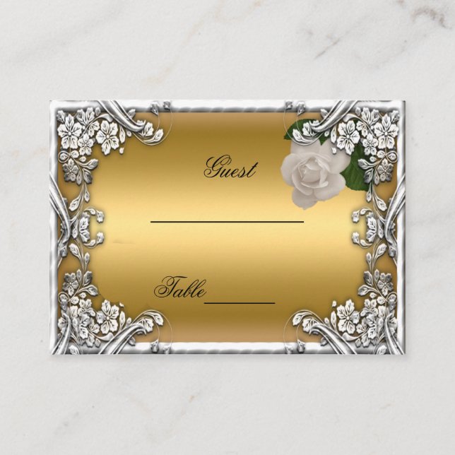 Wedding Place Cards Gold Cream Rose Silver White (Front)