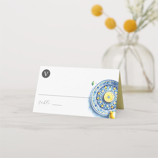 Wedding Place Cards Lemons Yellow and Blue (Front)