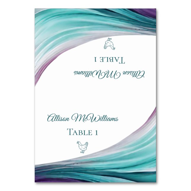 Wedding Place cards-Poultry Icon-Purple and Teal- Table Number (Front)
