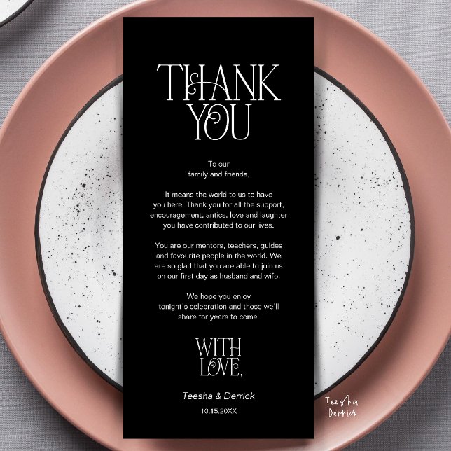 Wedding Place Setting Thank You Classy Black Card (Modern Minimalist Wedding Dinner Place Setting Thank You Classy Black Card)