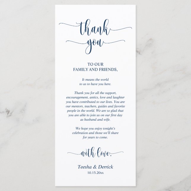 Wedding Place Setting Thank You, Navy Blue Card (Front)