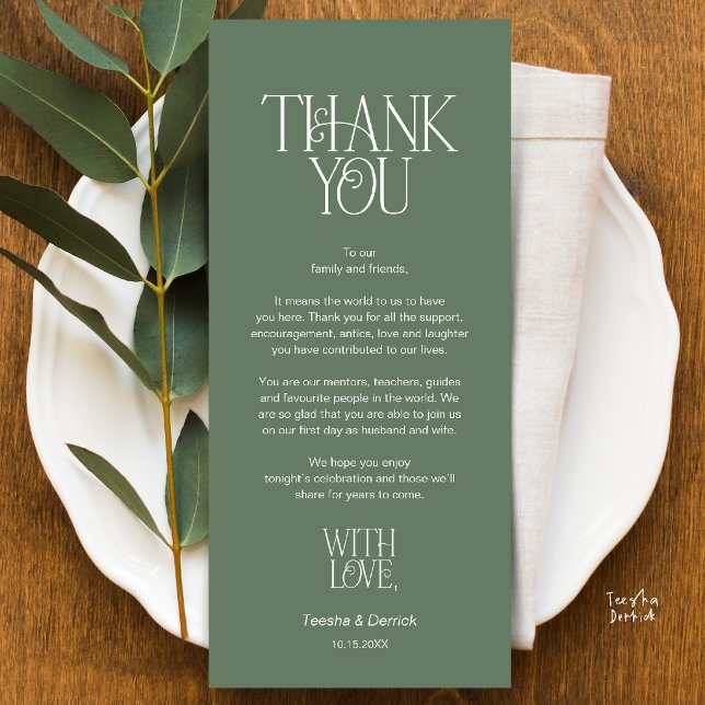 Wedding Place Setting Thank You sage green Card (Modern Minimalist Wedding Dinner Place Setting Thank You Sage Green Card)