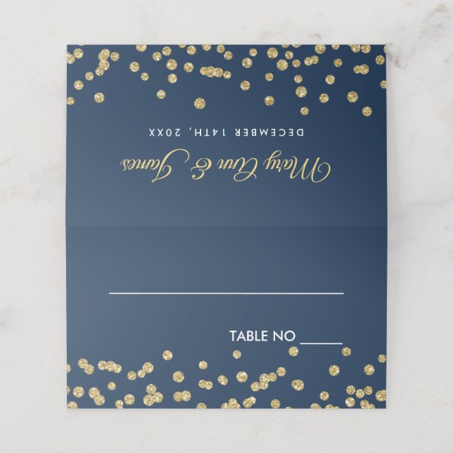 Wedding Placecards Gold Faux Glitter Confetti Navy (Outside Unfolded)