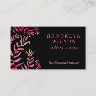 Wedding Planner Black With Pink Leaves Business Card