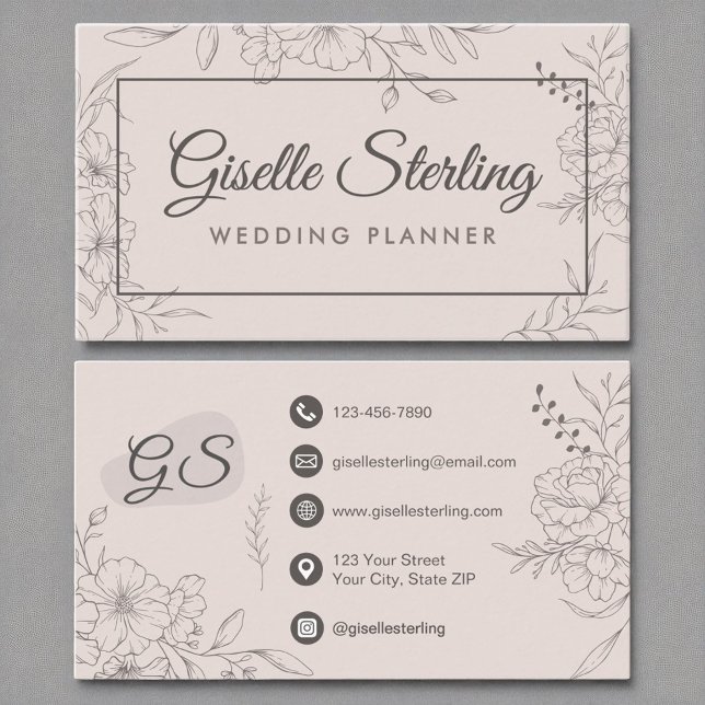 Wedding Planner Blush Pink Floral Line Art Business Card (Creator Uploaded)