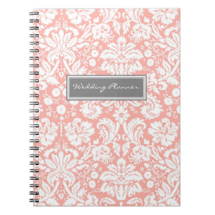 Wedding Planner Coral Grey White Damask Notebook