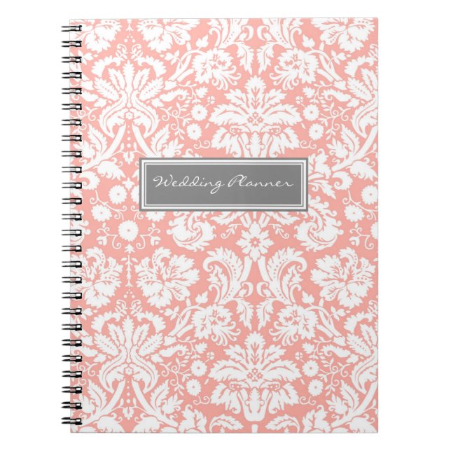 Wedding Planner Coral Grey White Damask Notebook (Front)
