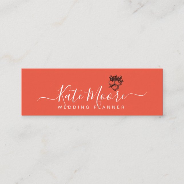 Wedding Planner Crown Hearts Red Orange Mini Business Card (Front)