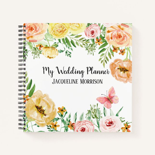 Wedding Planner Modern Watercolor Floral Roses Notebook (Front)