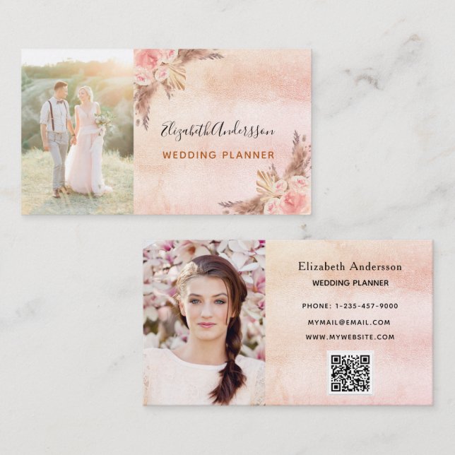 Wedding planner pampas grass QR code Business Card (Front/Back)