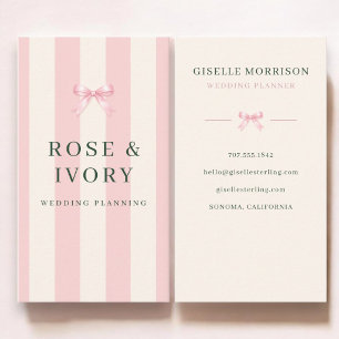 Wedding Planner Pink and Green Striped Preppy Bow Business Card