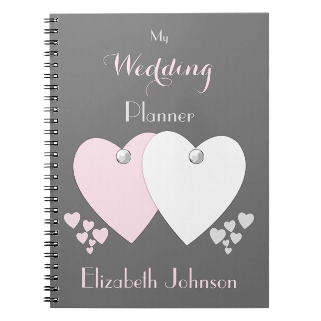 Wedding planner pink and grey with hearts and name spiral notebook (Front)