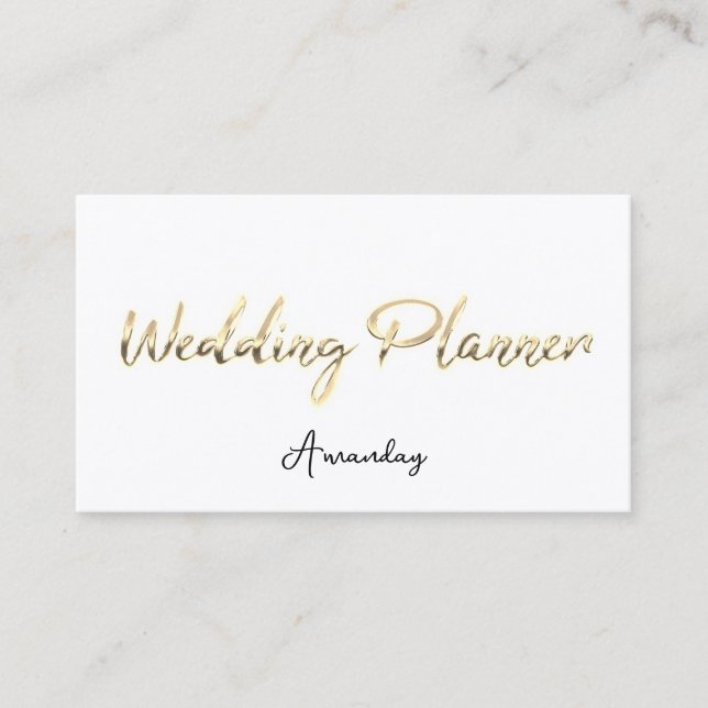 Wedding Planner Script Gold QR Code Logo White Business Card (Front)